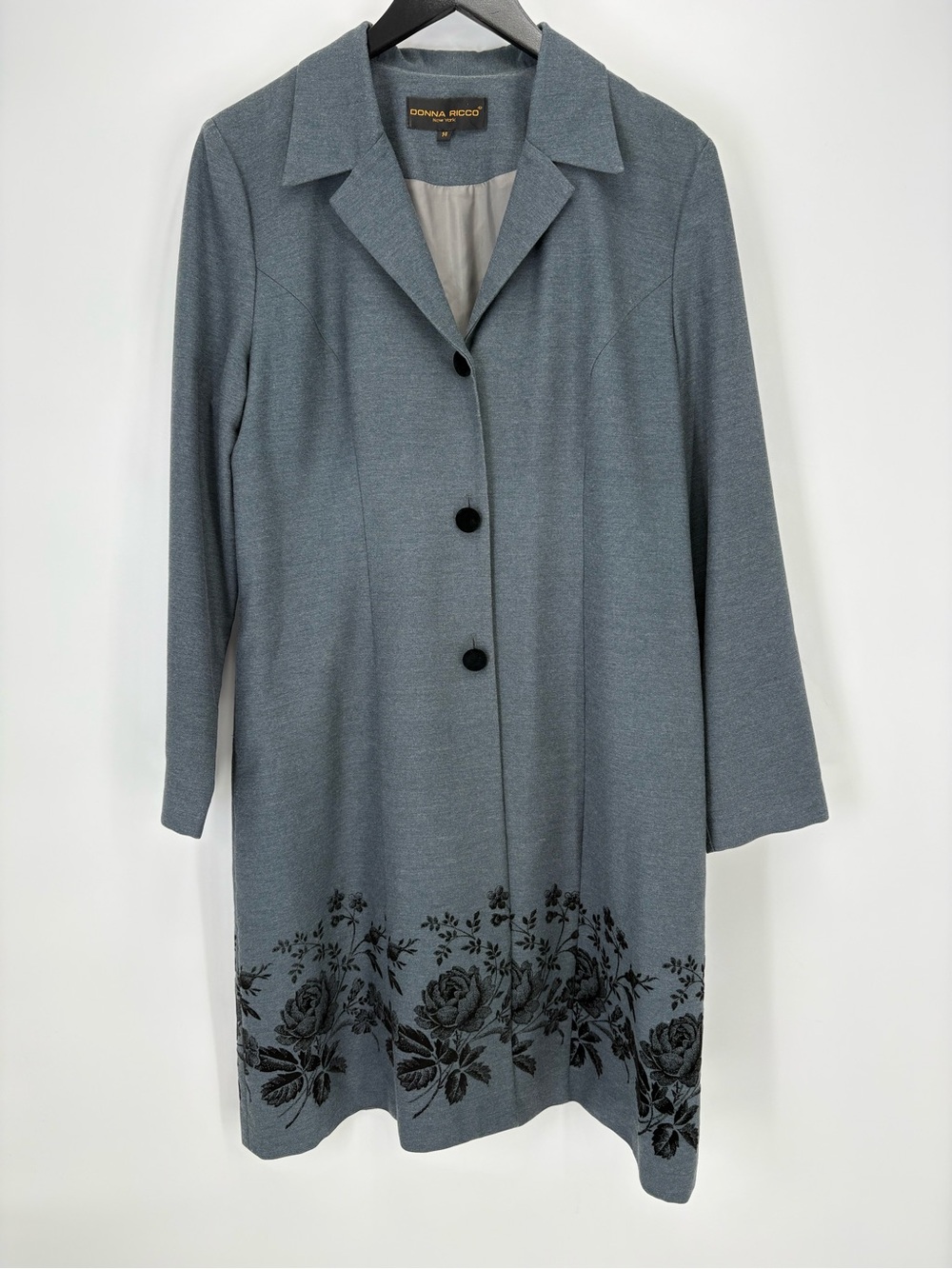 🦅 Donna Ricco Slate Blue Long Coat with Black velvet Floral Hem